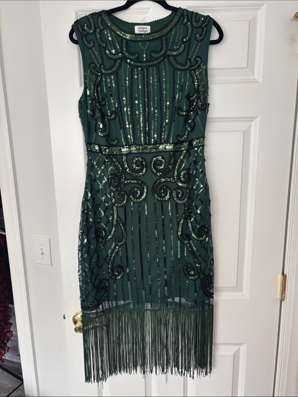Unique Vintage emerald green sequin fringe flapper dress size large